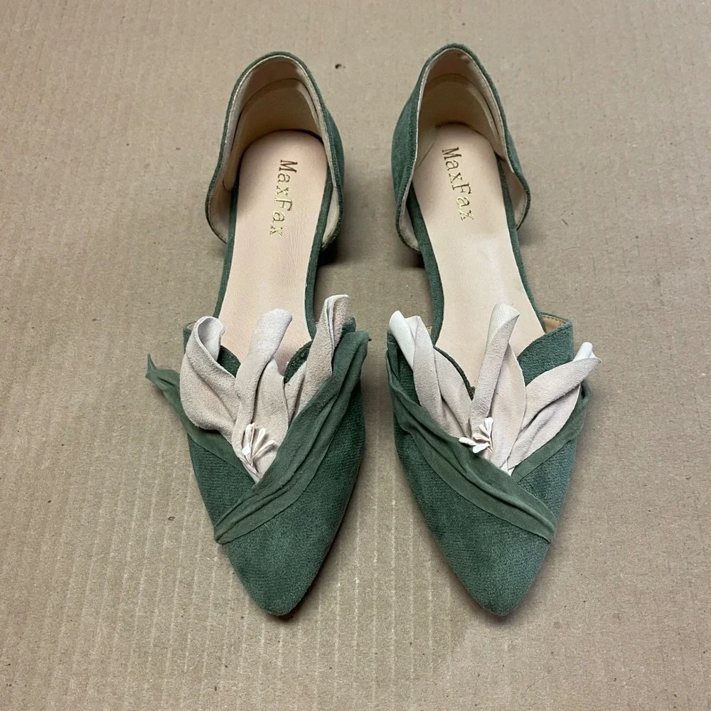 MaxFax Size 6 Green Eco-Suede D'Orsay Floral Petal Pointed Toe Flat Shoes NWOB - Picture 2 of 8